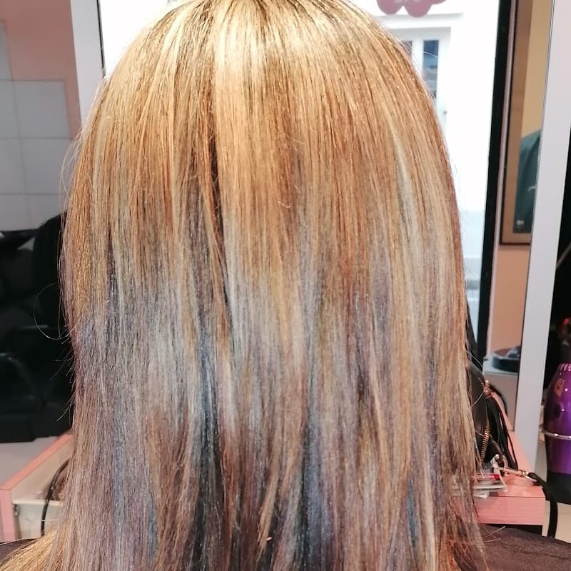 Longue chevelure méchée blond et caramel, vue de dos, au salon
